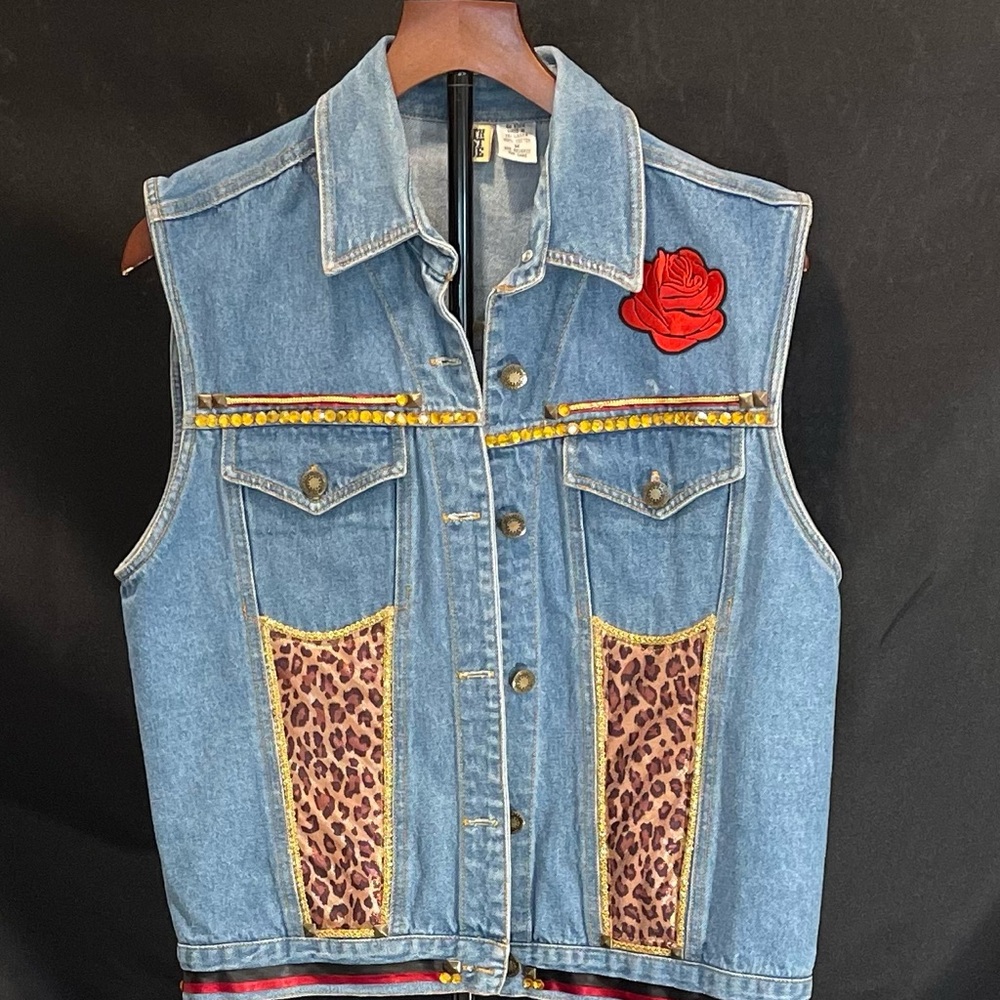 Denim Vest Upcycled Hand Embellished Leopard Print Size Medium - Picture 2 of 6